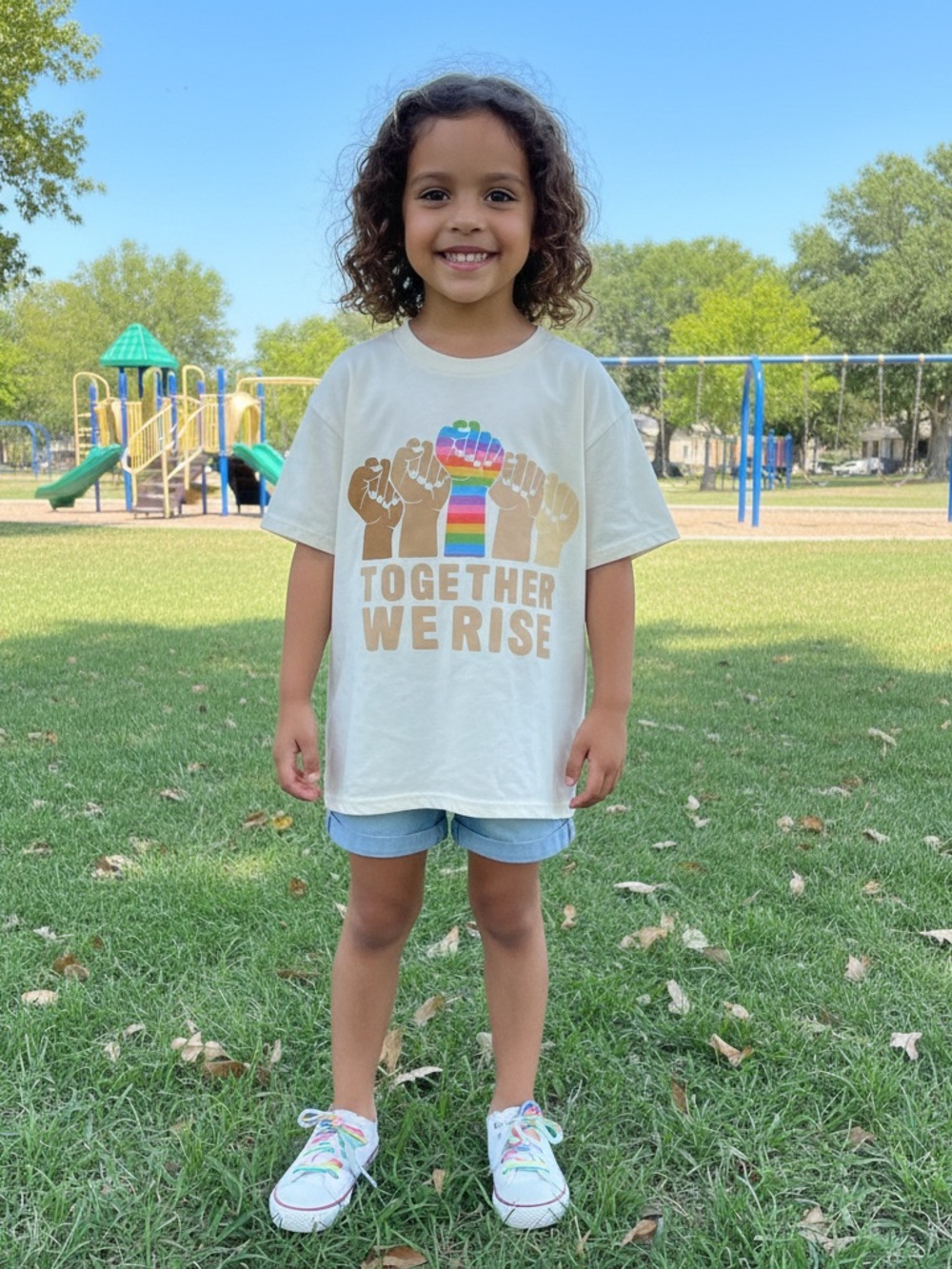 Youth T&B tan Together We Rise T-shirt tan with rainbow fist cotton size small
